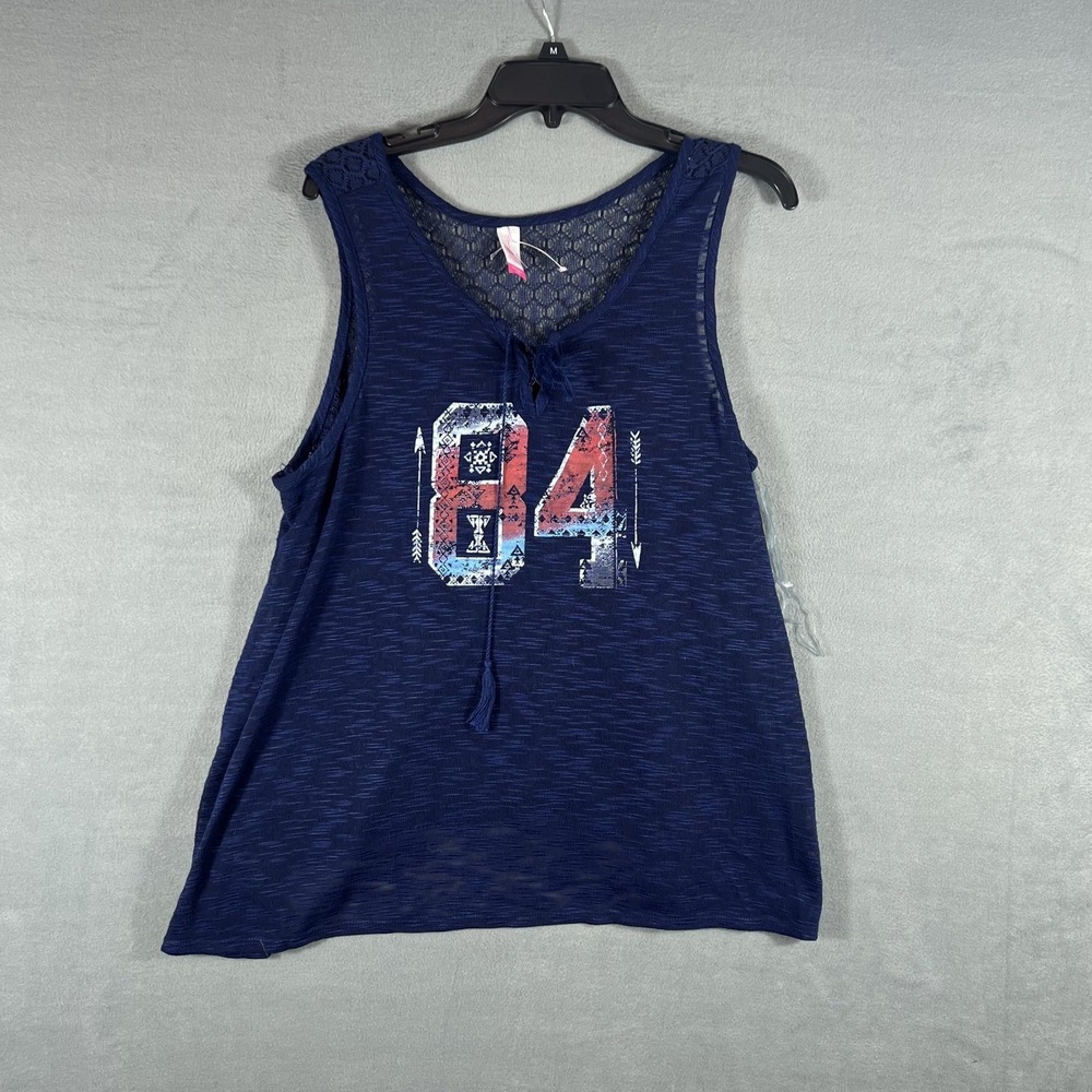 No‎ Boundaries Women's XXL/2XG (19) Navy Blue 84 Graphic Tie Neck Tank Top Lace